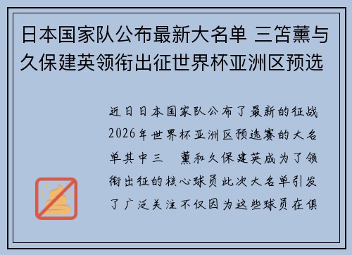日本国家队公布最新大名单 三笘薰与久保建英领衔出征世界杯亚洲区预选赛